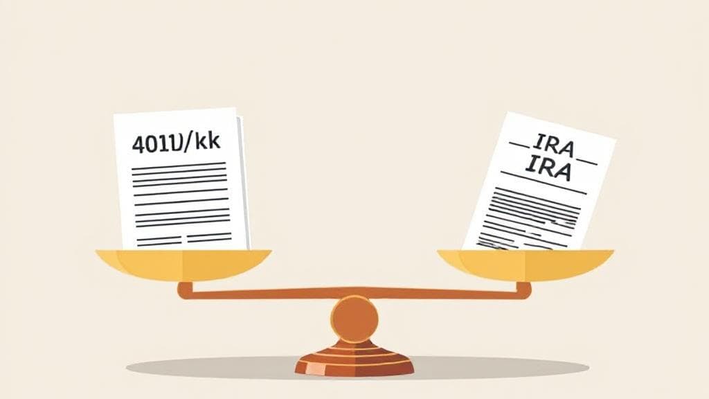 A balanced scale with a 401(k) document on one side and an IRA document on the other, symbolizing the decision-making process.