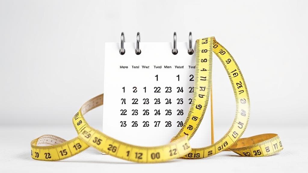 A dynamic illustration of a calendar with a measuring tape wrapped around it, symbolizing the journey of weight loss with Wegovy.