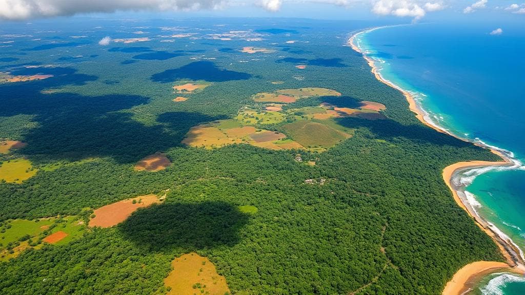 A vibrant aerial view of Ghana's diverse landscape, showcasing its lush forests, rolling savannas, and coastal beaches.