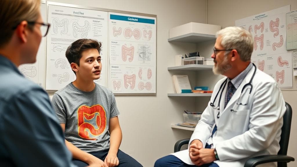 A young adult in a doctor's office discussing colon health with a physician, surrounded by medical charts and diagrams.