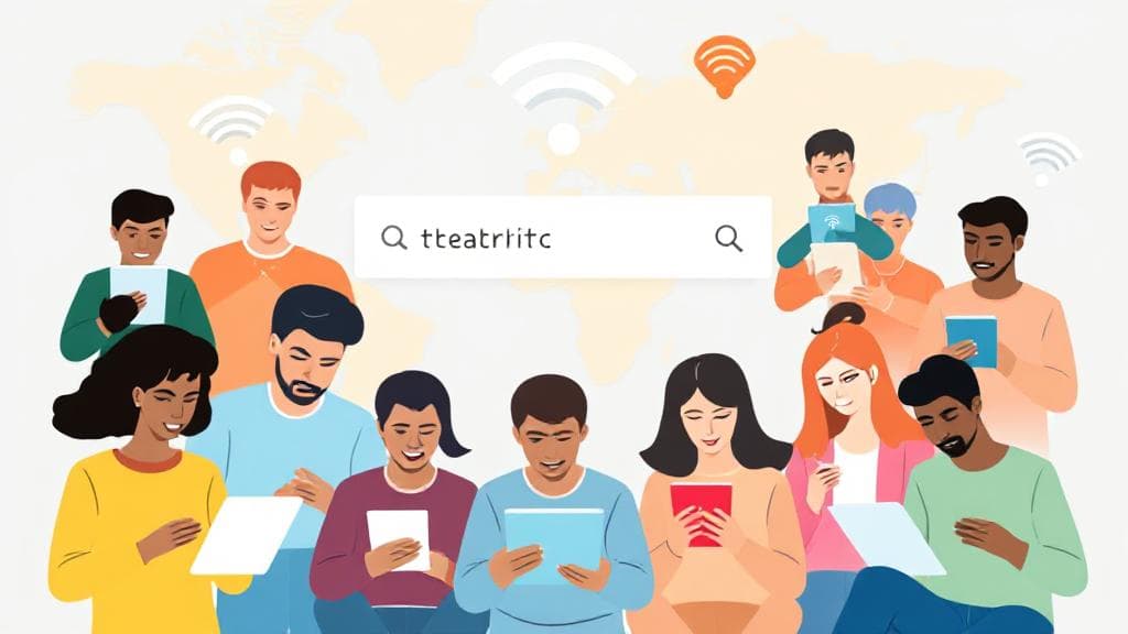 A diverse group of people using various devices to search for internet providers, with a map and Wi-Fi symbols in the background.