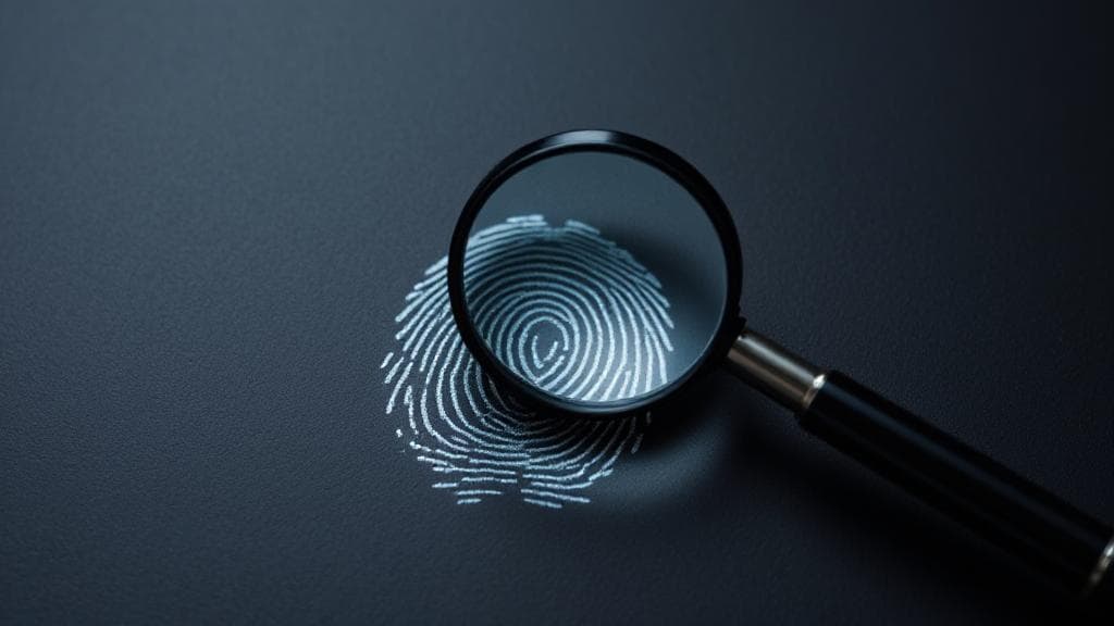 A magnifying glass hovers over a fingerprint on a dark surface, symbolizing the investigative nature of forensic science.