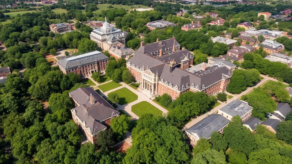 Aerial view of Southern Methodist University's picturesque campus surrounded by lush greenery in Dallas, Texas.