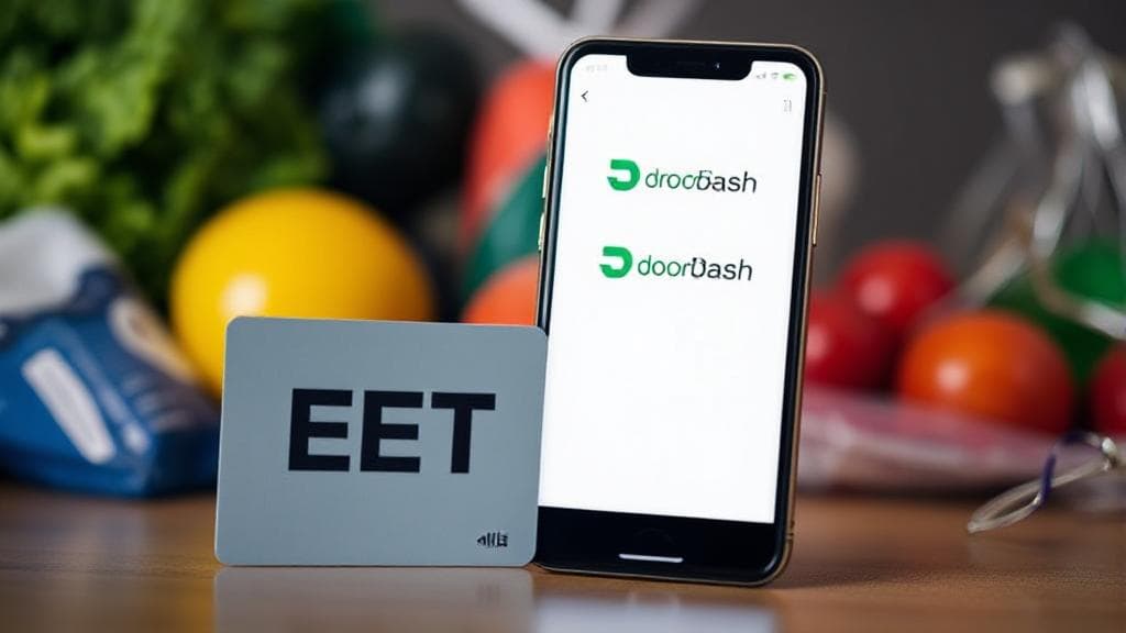 A smartphone displaying the DoorDash app alongside an EBT card, set against a backdrop of grocery items.