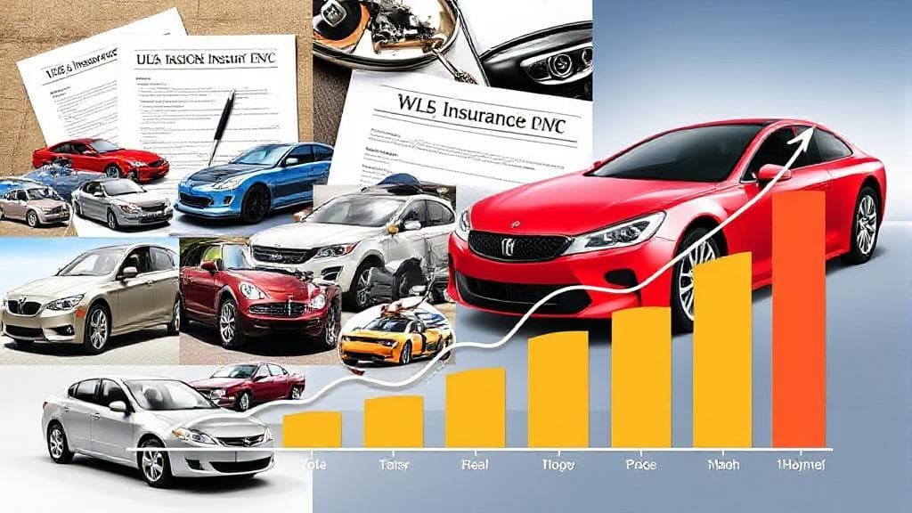 A dynamic collage of cars, insurance documents, and a fluctuating graph symbolizing the various elements influencing car insurance rates.