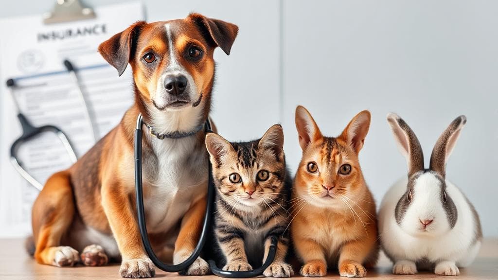 A diverse group of pets, including a dog, cat, and rabbit, sitting together with a stethoscope and insurance documents in the background.