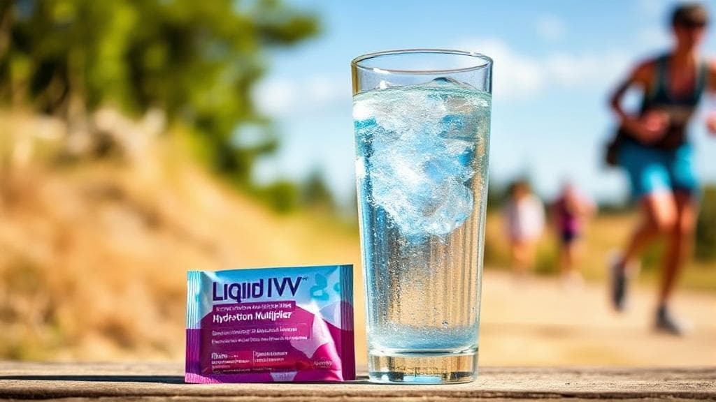 A vibrant image showcasing a refreshing glass of water with a Liquid IV Hydration Multiplier packet beside it, set against a backdrop of energetic outdoor activities.