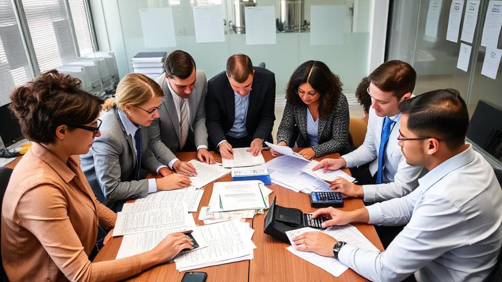 A diverse group of professionals in an office setting, surrounded by tax documents and calculators, assisting clients with tax preparation.