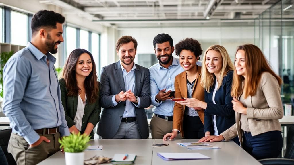 A diverse group of professionals collaborating in a modern office setting, symbolizing the wide range of career paths available with a Master's Degree in Psychology.