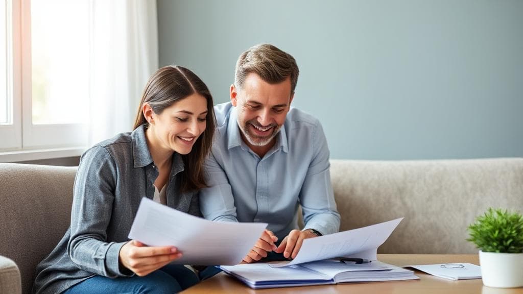 A family reviewing financial documents together, symbolizing the decision-making process for term life insurance coverage.