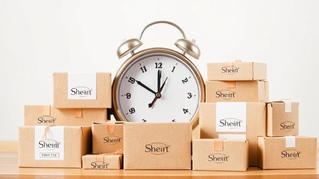 A collage of Shein packages against a backdrop of a ticking clock, symbolizing the anticipation of delivery times.