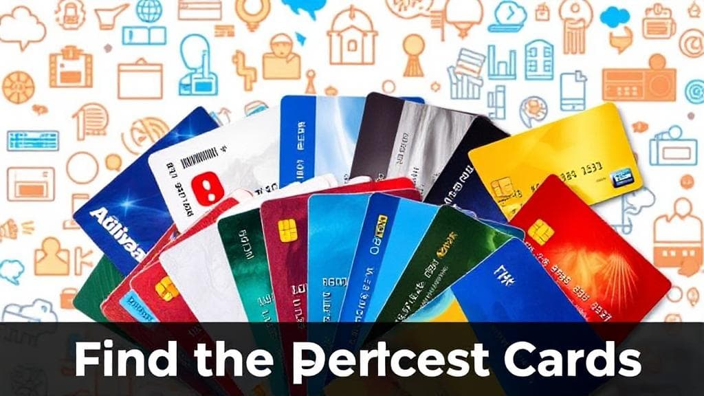 A vibrant collage of various credit cards fanned out against a backdrop of decision-making icons, symbolizing the journey to finding the perfect card.