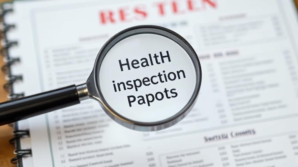 A magnifying glass hovering over a restaurant menu, symbolizing the search for health inspection reports.