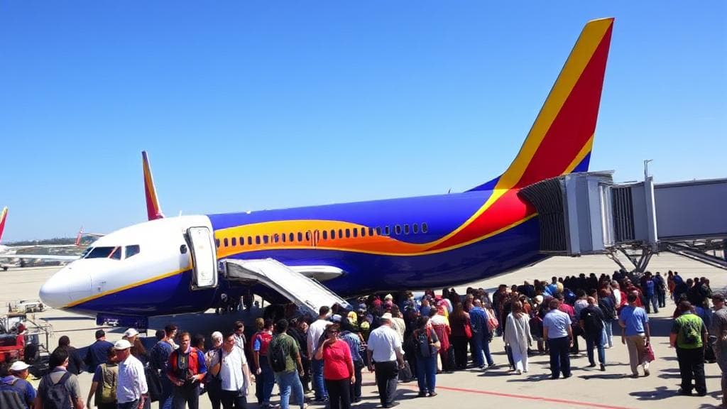 A vibrant image of a Southwest Airlines plane at the gate, with passengers lining up in organized boarding groups under a clear blue sky.