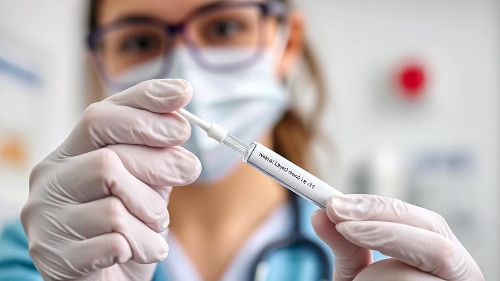 A close-up image of a healthcare professional holding a nasal swab test kit, set against a backdrop of a medical clinic.
