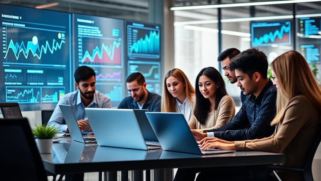 A sleek, modern office setting with a diverse group of software engineers collaborating on laptops, surrounded by digital graphs and charts depicting salary trends.