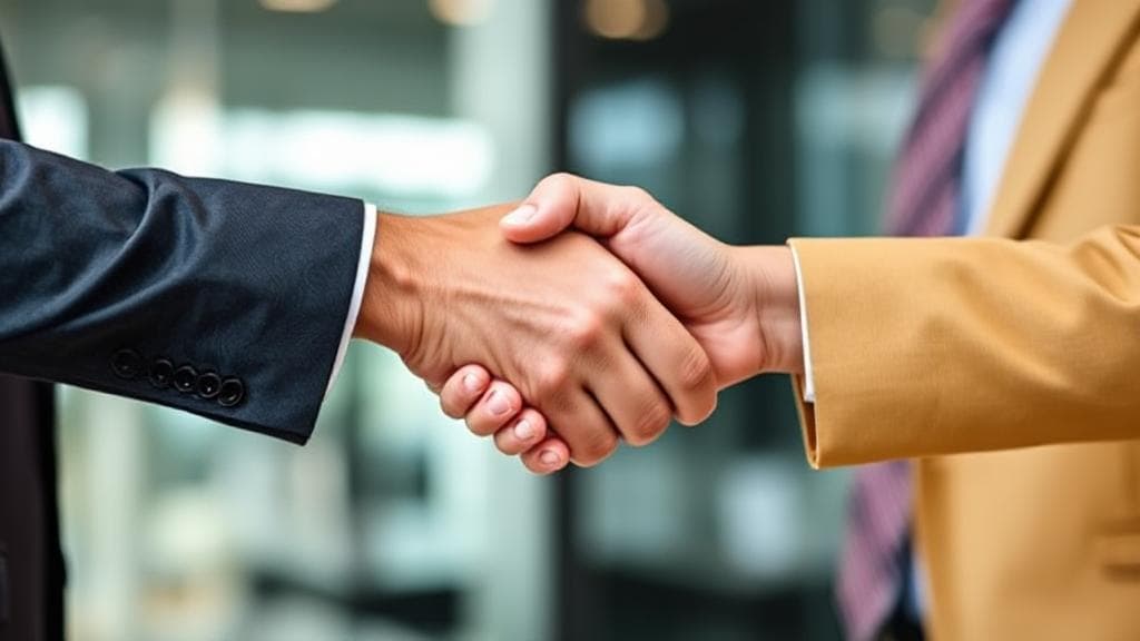 A professional handshake between a business owner and a banker, symbolizing a successful loan agreement.