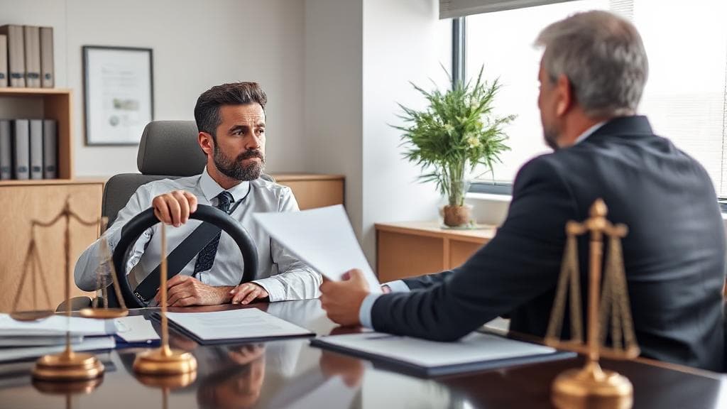 A concerned driver speaking with a lawyer in an office setting, with legal documents and a scale of justice visible on the desk.