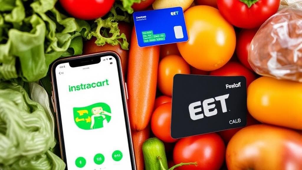 A vibrant image of a smartphone displaying the Instacart app, surrounded by fresh groceries and an EBT card, illustrating the convenience of digital grocery shopping.