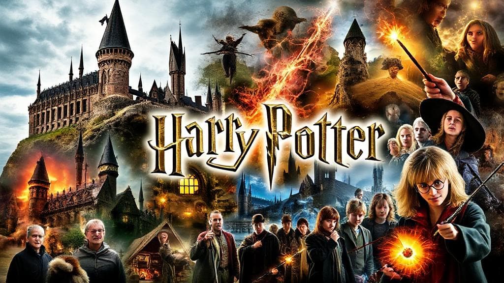 A magical collage of iconic scenes from the Harry Potter films, featuring Hogwarts, wands, and beloved characters, set against a backdrop of swirling enchantment.