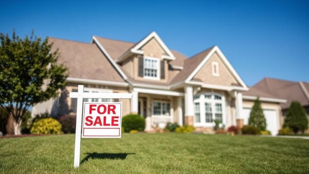 A picturesque suburban home with a "For Sale" sign on the lawn, set against a clear blue sky.