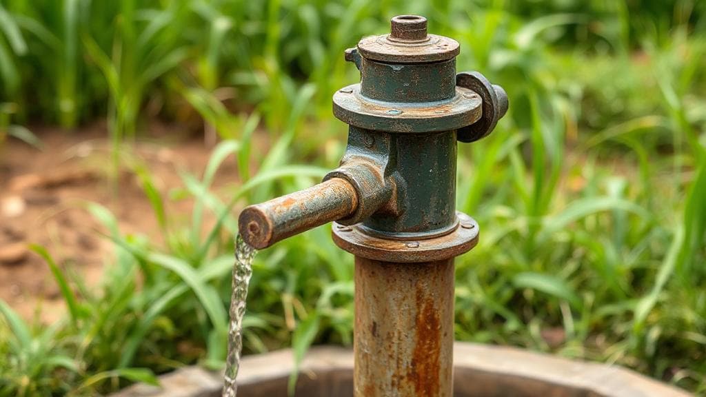 A close-up image of a well pump in a rural setting, surrounded by lush greenery, illustrating its durability and connection to natural resources.