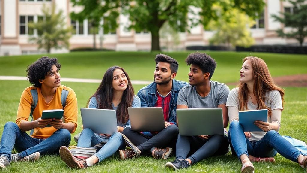 A diverse group of college students contemplating their options while sitting on a campus lawn, surrounded by books and laptops.