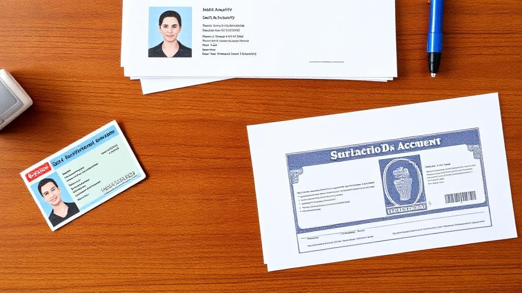 A neatly arranged flat lay of essential documents like an ID card, proof of address, and social security card on a wooden desk, symbolizing the prerequisites for opening a bank account.