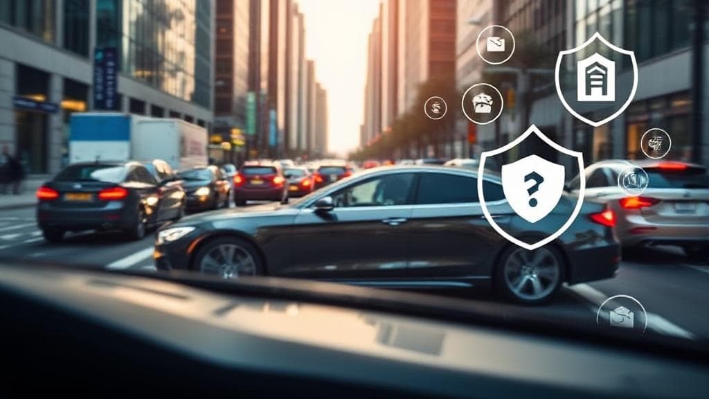 A sleek car navigating a busy city street, symbolizing protection and security, with a subtle overlay of insurance-related icons.