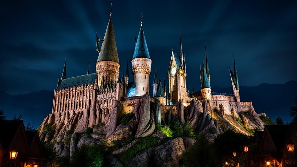 A magical panorama of Hogwarts Castle illuminated at night, surrounded by the enchanting atmosphere of Harry Potter World in Universal Studios.