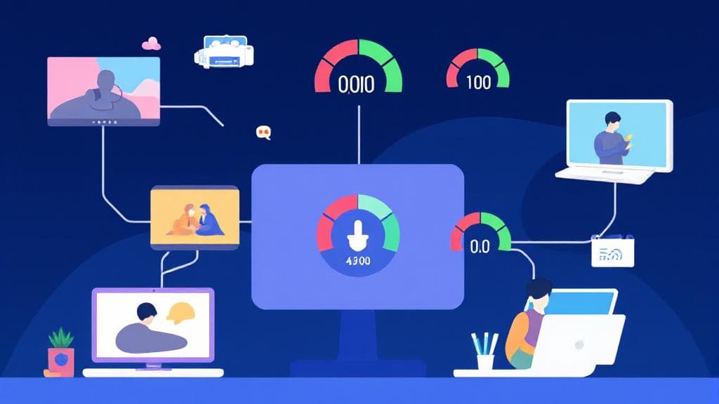A dynamic illustration depicting different internet activities, such as streaming, gaming, and browsing, with speedometer icons indicating optimal download speeds.