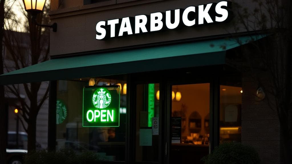 A cozy Starbucks storefront at dawn with a "Now Open" sign, inviting early risers for their morning coffee fix.