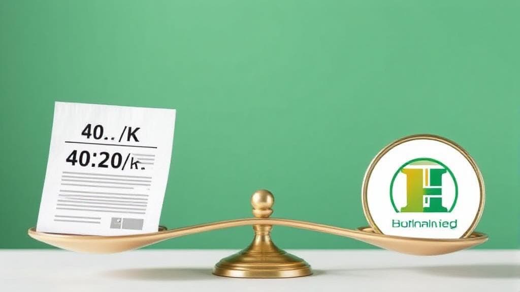 A balanced scale with a 401(k) document on one side and a new employer's logo on the other, symbolizing the decision to roll over retirement funds.