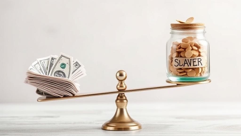 A balanced scale with money on one side and a savings jar on the other, symbolizing the decision between paying off debt and saving.