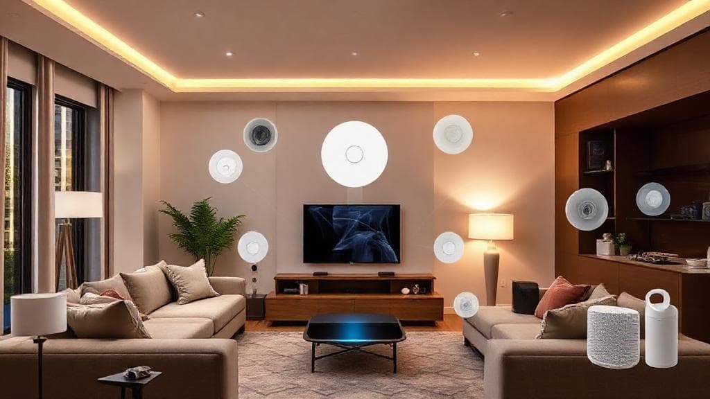 A modern living room featuring various smart home devices—lights, speakers, and sensors—all connected and controlled through a sleek central smart home hub.