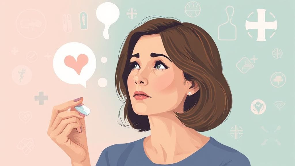 A thoughtful depiction of a woman contemplating a pill, set against a backdrop of medical symbols and soft pastel colors.