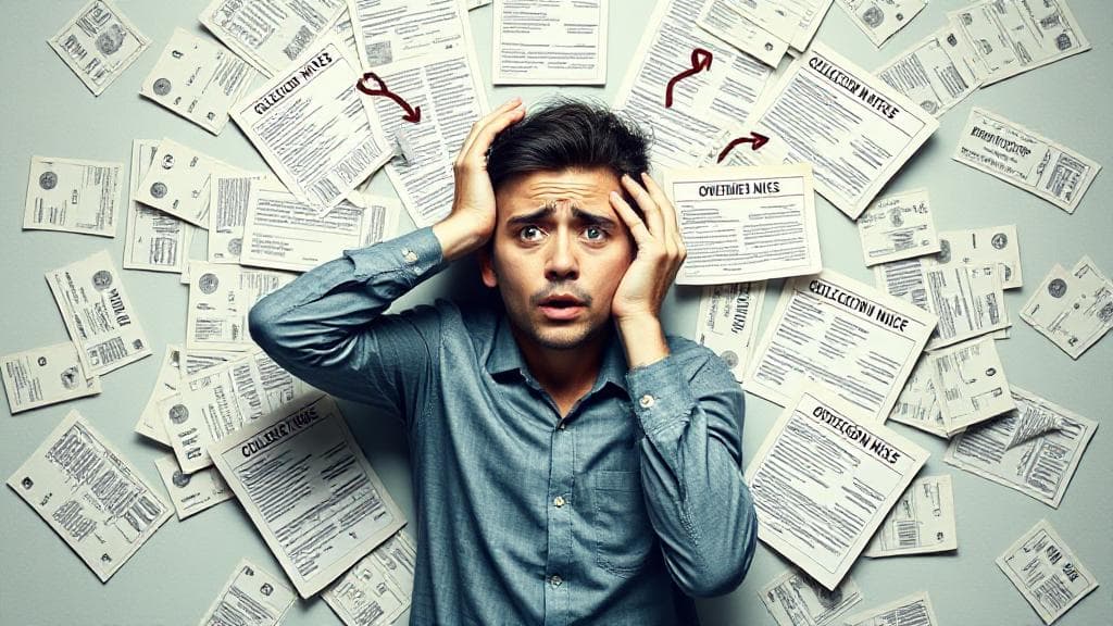 A worried individual surrounded by overdue bills and collection notices, symbolizing the stress of defaulting on a loan.