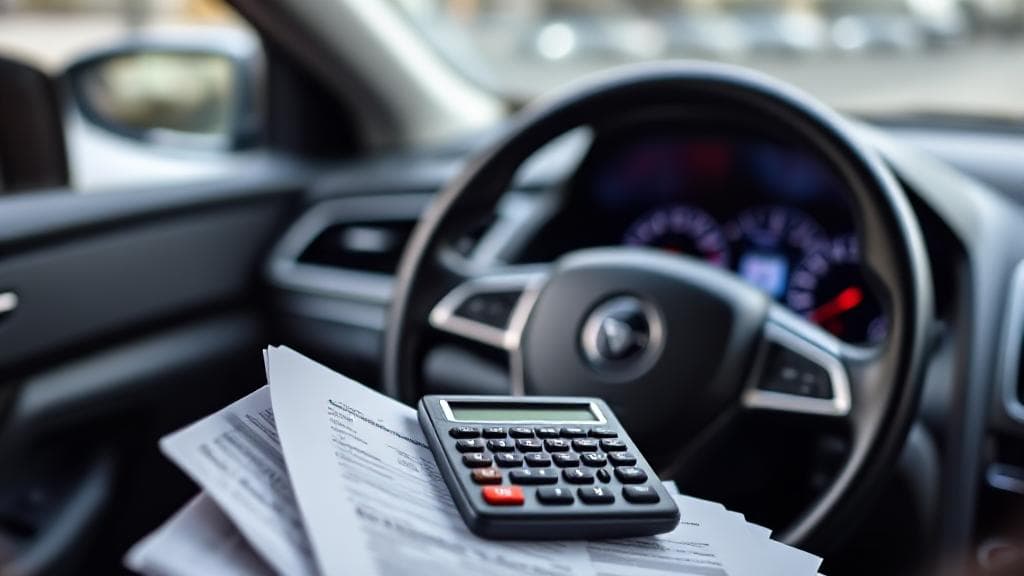 A sleek car dashboard with a financial calculator and loan documents in the foreground, symbolizing the decision-making process for choosing the best car loan term.