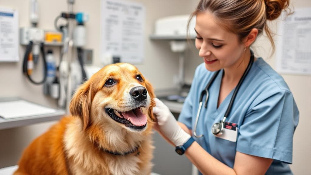 A veterinary technician examining a happy dog in a clinic setting, surrounded by medical equipment and charts.
