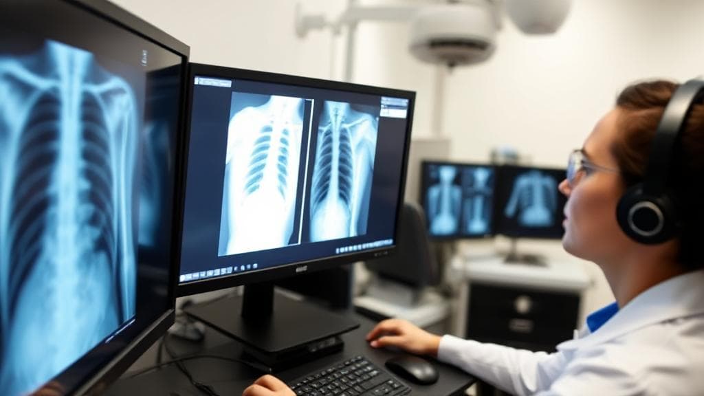 A professional radiology technician analyzing X-ray images on a computer screen in a modern medical facility.