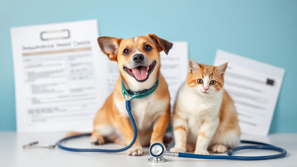A happy dog and cat sitting together with a backdrop of insurance documents and a stethoscope.