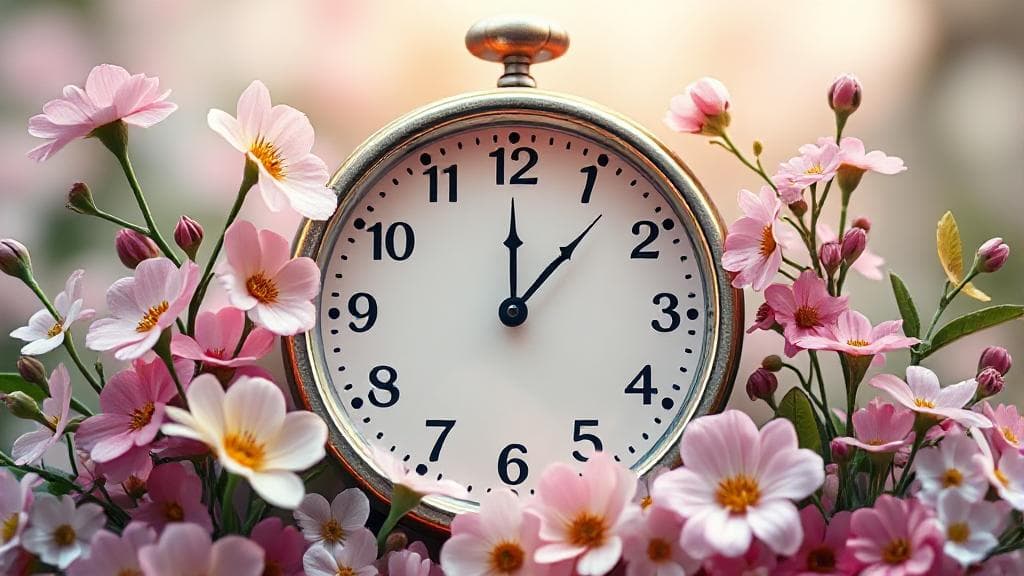 A serene clock face surrounded by blooming flowers, symbolizing the gradual and hopeful journey of Wellbutrin's effectiveness.