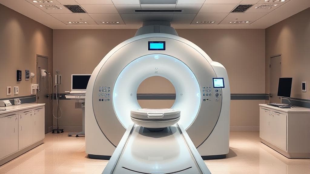 A high-resolution image of a modern MRI machine in a hospital setting, highlighting its advanced technology and sleek design.