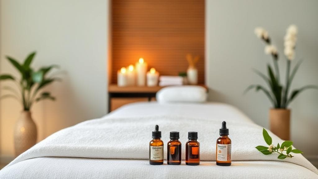 A serene spa setting with a massage table, essential oils, and soft candlelight, symbolizing the tranquil environment of a massage therapist's workspace.