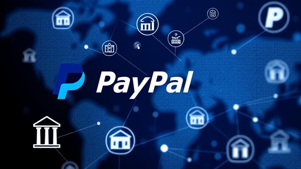 A sleek digital collage featuring PayPal's logo interconnected with global bank icons and financial network symbols.