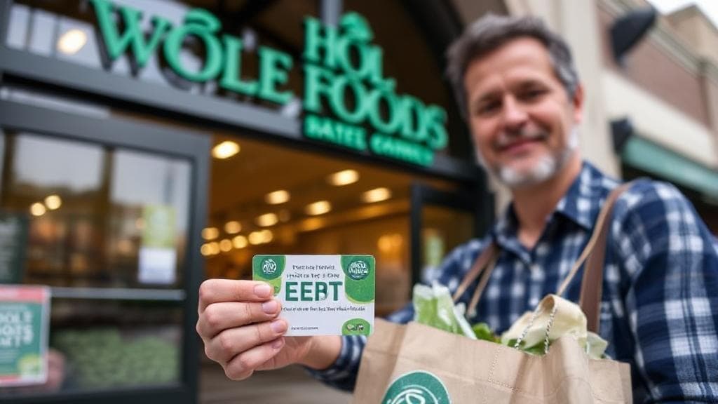 A shopper holding an EBT card stands in front of a Whole Foods store entrance.