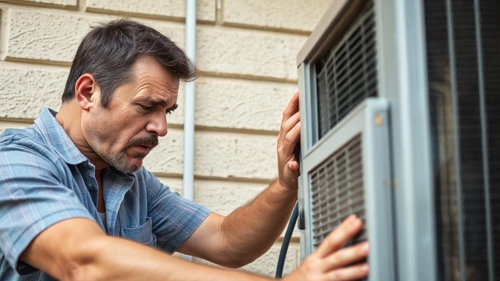 A close-up image of a frustrated homeowner examining a non-functional air conditioning unit on a hot summer day.
