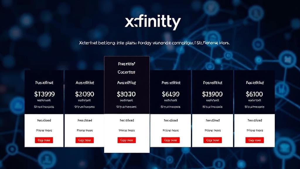 A sleek, modern graphic showcasing various Xfinity internet plans with price tags, set against a backdrop of digital connectivity symbols.