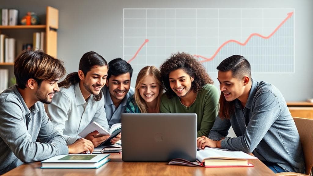 A diverse group of students studying around a table, surrounded by textbooks and a laptop, with a graph of rising costs in the background.