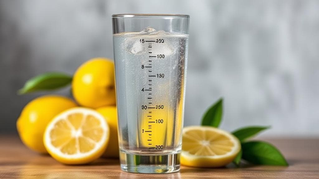 A refreshing glass of clear alkaline water with a pH scale and fresh lemons in the background, symbolizing health and hydration.